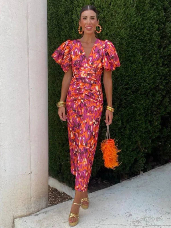 Luné – Ruched Puff-Sleeve Midi Dress