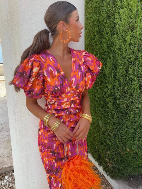 Luné – Ruched Puff-Sleeve Midi Dress