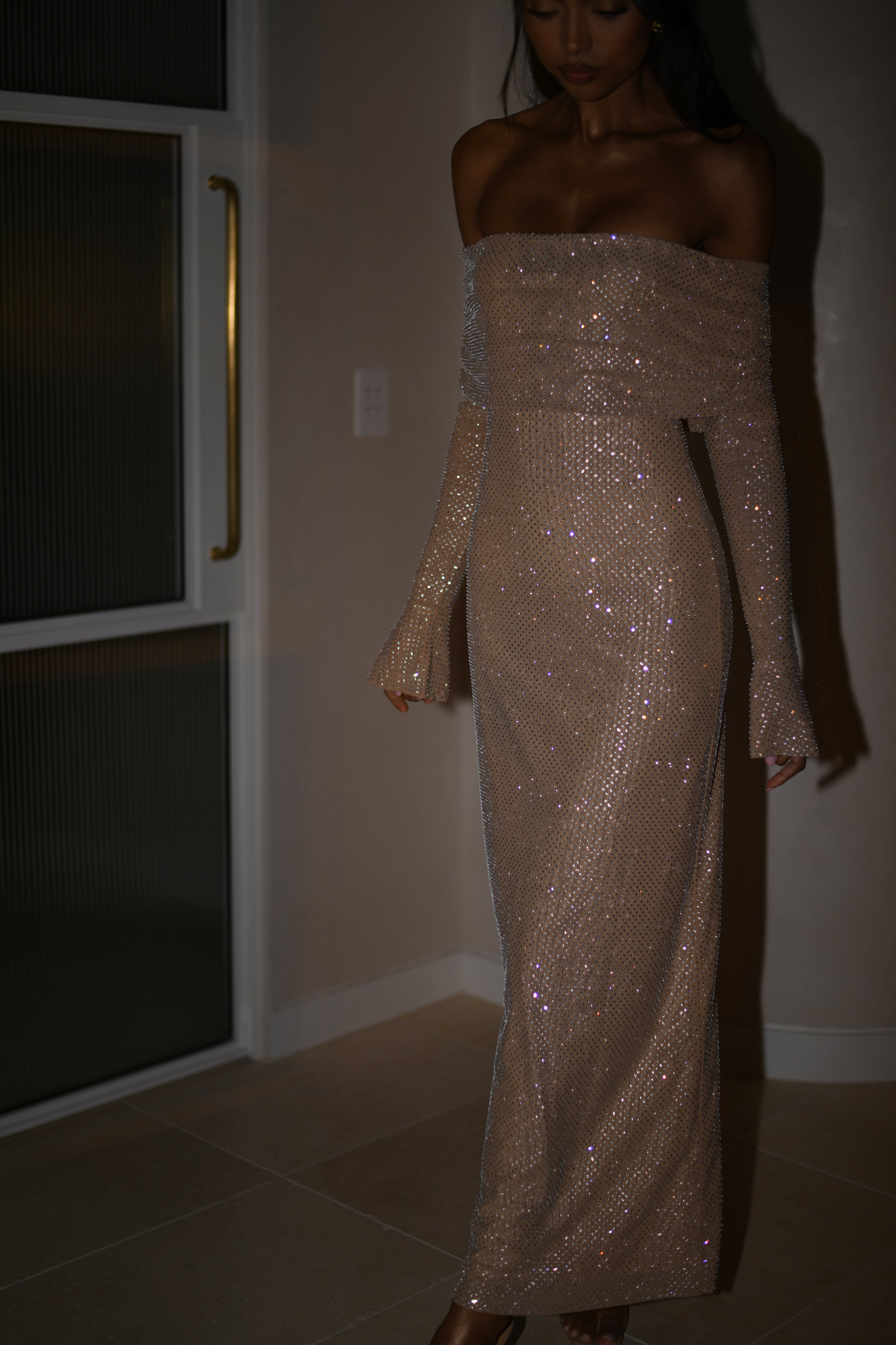 Niamh - Off Shoulder Diamante Maxi Dress